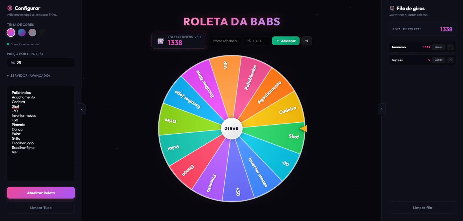 Painel do Sistema de Roleta personalizado para a pain_babs ("Roleta da Babs"): roleta com as opções, fila de giros e configurações